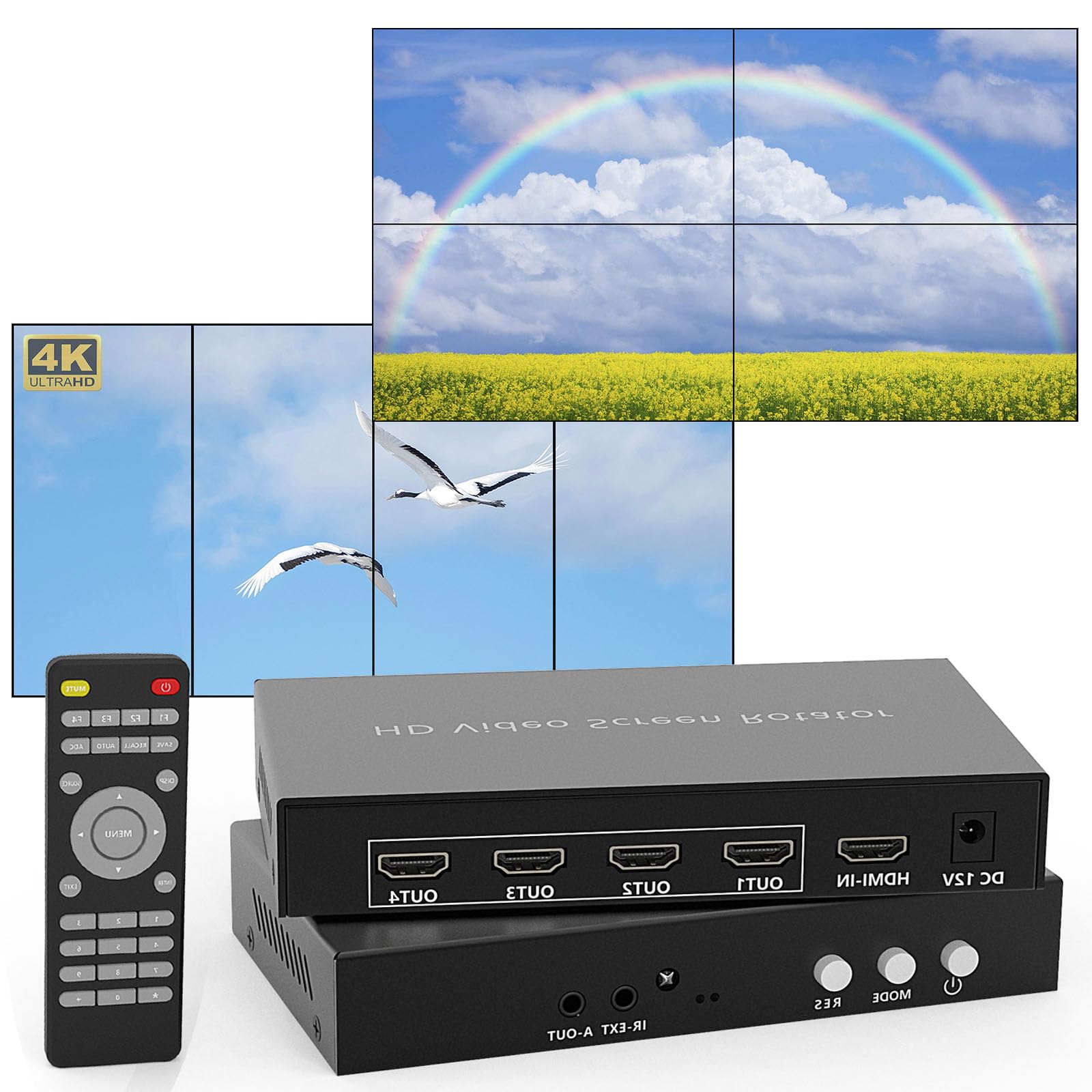 Photo 1 of ICUIXIAN 2X2 HDMI Video Wall Controller 1x4 4K30Hz 90°-180°-270° Rotation, 2x2, 1x2, 1x3, 1x4, 2x1, 3x1, 4x1 Video Wall Controller Vertical Mode, Remote Control, 3.5MM Audio Out TV Wall Controller