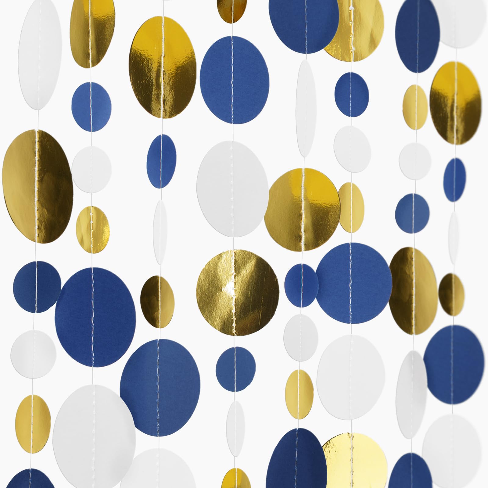 Photo 1 of GCQQ 52Ft Blue Gold Circle Garlands Royal Blue Paper Polka Dot Streamer Garland Glitter Circle Dots Hanging Garland for Ramadan Graduations Nautical Ahoy Achor Pirate Party Decoration