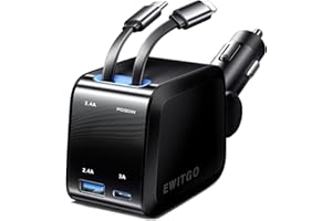EWITGO Retractable Car Charger, Car Accessories, 69W Fast Charging USB C Car Charger with 4FT Retractable Cables and 2 Ports, for iPhone 16 15 14 13 12, Samsung etc Black