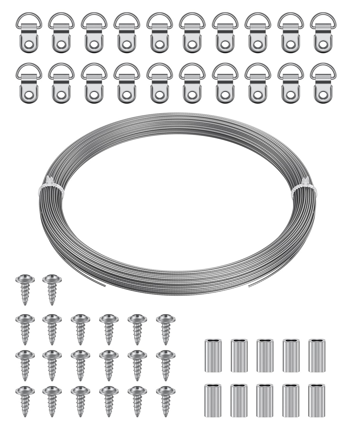 Photo 1 of Uniclife Picture Hanging Wire, 100 Feet 1/32" Picture Wire Kit with D-Ring Hangers, Stainless Steel Rope for up to 110 lbs, Trellis Line Cable for Photo Frames and String Lights