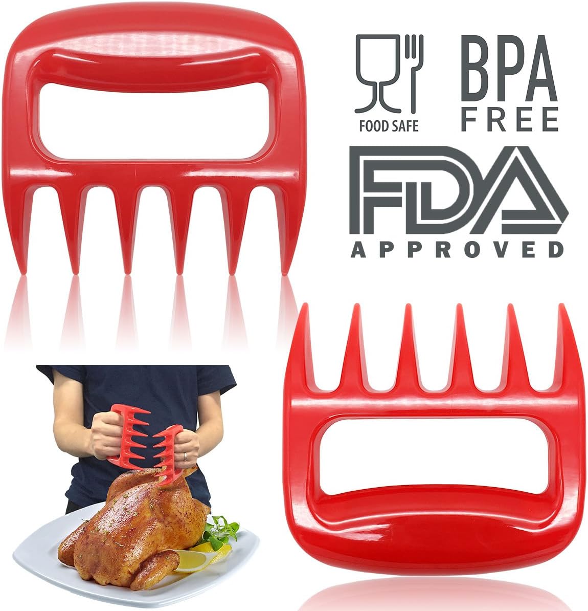 Bear Claw Forks KIDAC BBQ Meat Shredder Claws, Easily Lift, Shred, Handle and Cut Meats, Barbecue Tools Grill Accessories, Essential for BBQ (Red)