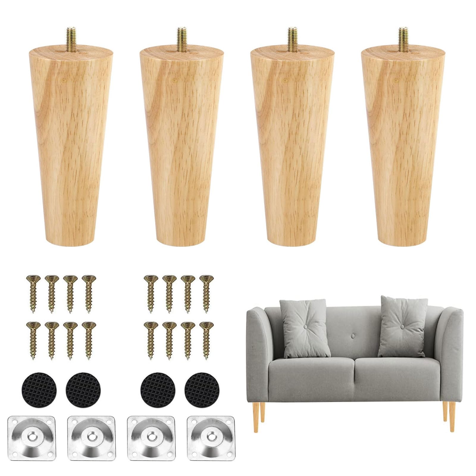 TAIANJI Wooden Furniture Legs 8cm Sofa Replacement Feet Solid Wooden Furniture Legs for Dresser, Tables, Couch, Chair, Ottoman, Cabinet etc, with Screws and Mounting Plates(Slanted feet)