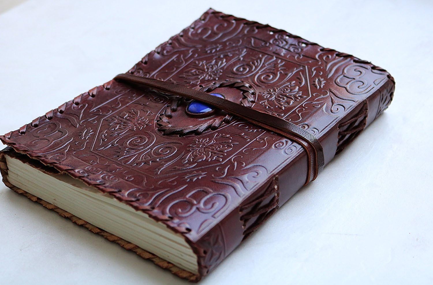 A5 Leather Journal with string closure & stone Writing Pad Blank Notebook Handmade Notepad For Men & Women Unlined Paper Art Sketchbook Travel Diary To Write Book Of Shadows Refillable Grimoire Large - Image 4