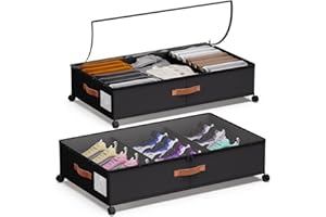 DCET Under Bed Storage with Wheels - Rolling Underbed Containers with PVC Clear Lid & Dividers, 600D Oxford Fabric, PU Leather Handles, Adjustable Magic Tape Partition, XXL 66L,2 Pack (Black)