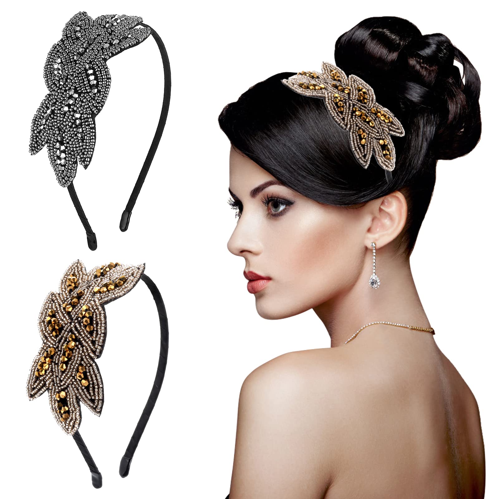 Sibba 2 Pcs Head Bands Women's Headbands 1920s Hair Accessories Rhinestones Black Silver Crystal Bridal Wedding Pins Lace Headpiece Jewelry Pieces Beaded Clip Halloween Party Art Deco (grey/golden)