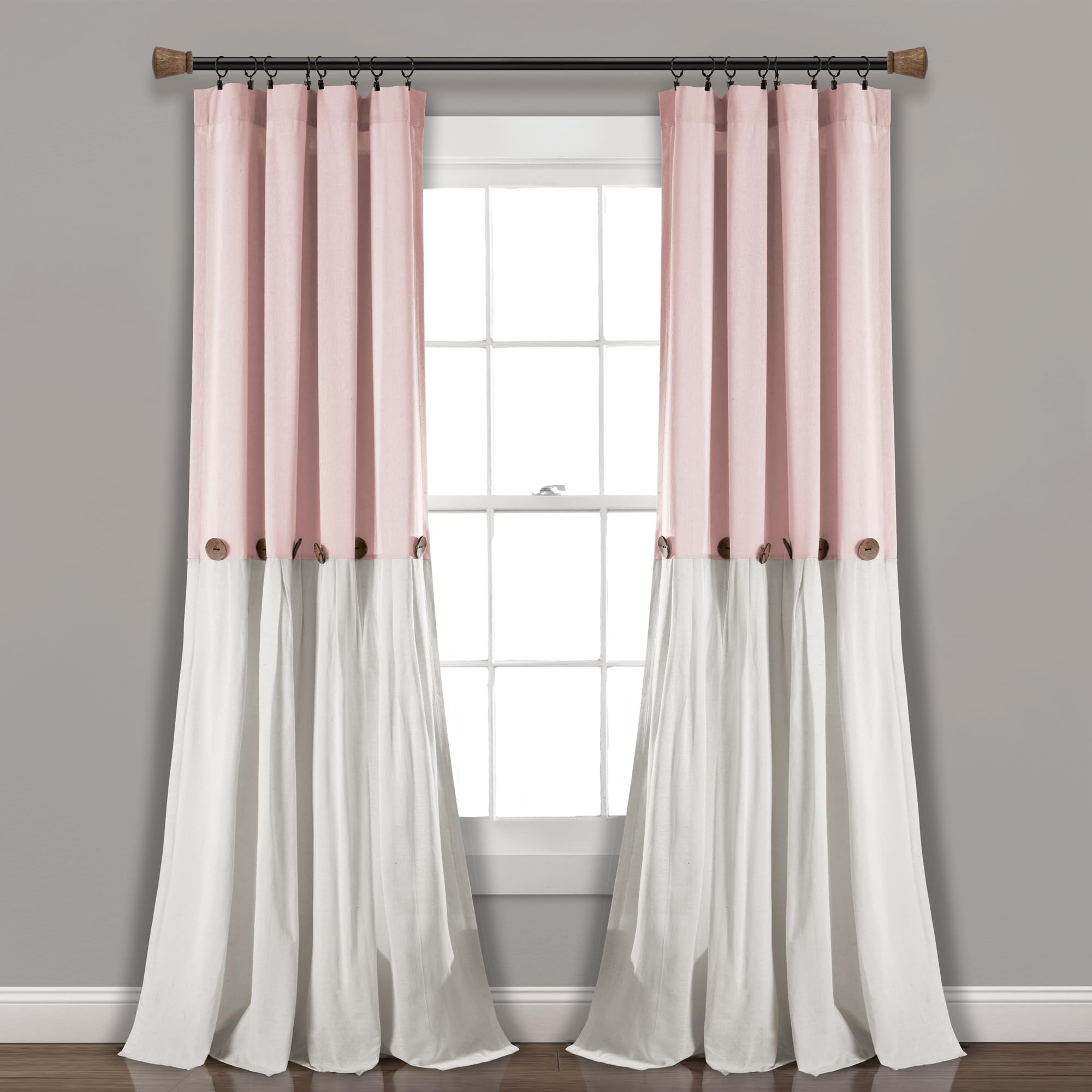 Lush Decor Linen Button Window Curtain (Single Panel), 108" L x 40" W, Blush & White