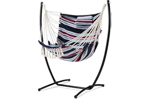 EUSUNCALY Hammock Chair with Stand,Hanging Chair Flow Bohemian Hand Indoor Outdoor,with Headrest and Side Pockets, Maximum Load Capacity 330lbs(Navy Nlue Stripe)