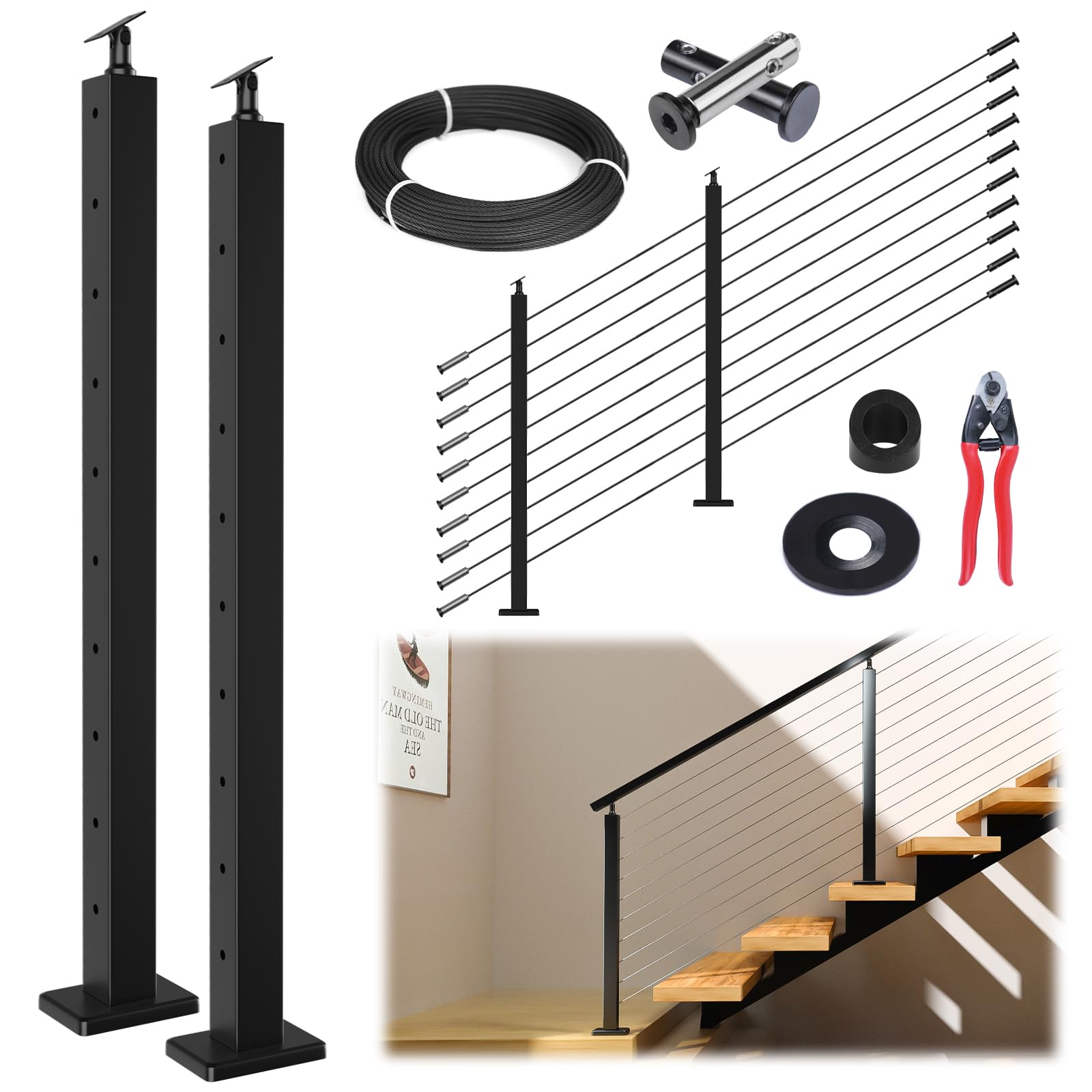 Photo 1 of Muzata 5-10FT Modular Black Cable Railing Kit 36 Inch 2 Stair Post Kit Complete Set Cable Railing System for Stairs Length Adjustable Easy DIY with Paper User Guide (No Handrail) RWS1 BA4S
