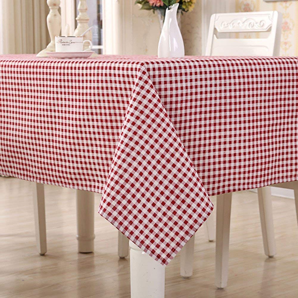 HomeT Cotton Linen Geometric Red & White Checked Tablecloth Gingham Maroon for Rectangle Table (100x140cm)