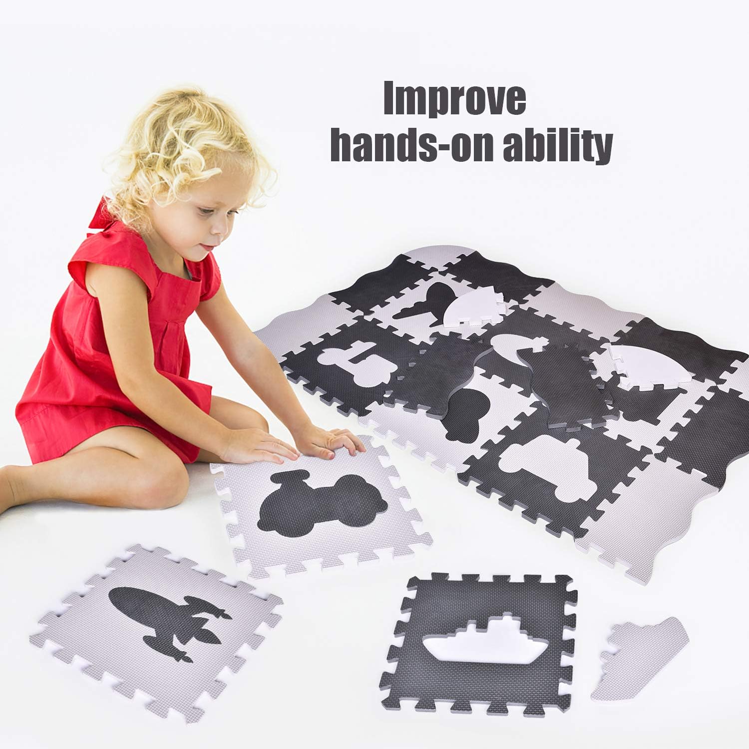 FUN LITTLE TOYS 25PCs Baby Play Mat with Fence Including 9 Different Vehicle Styles, Thick (0.47") Interlocking Foam Floor Tiles, Kids Room Decor Large Mat: Toys & Games