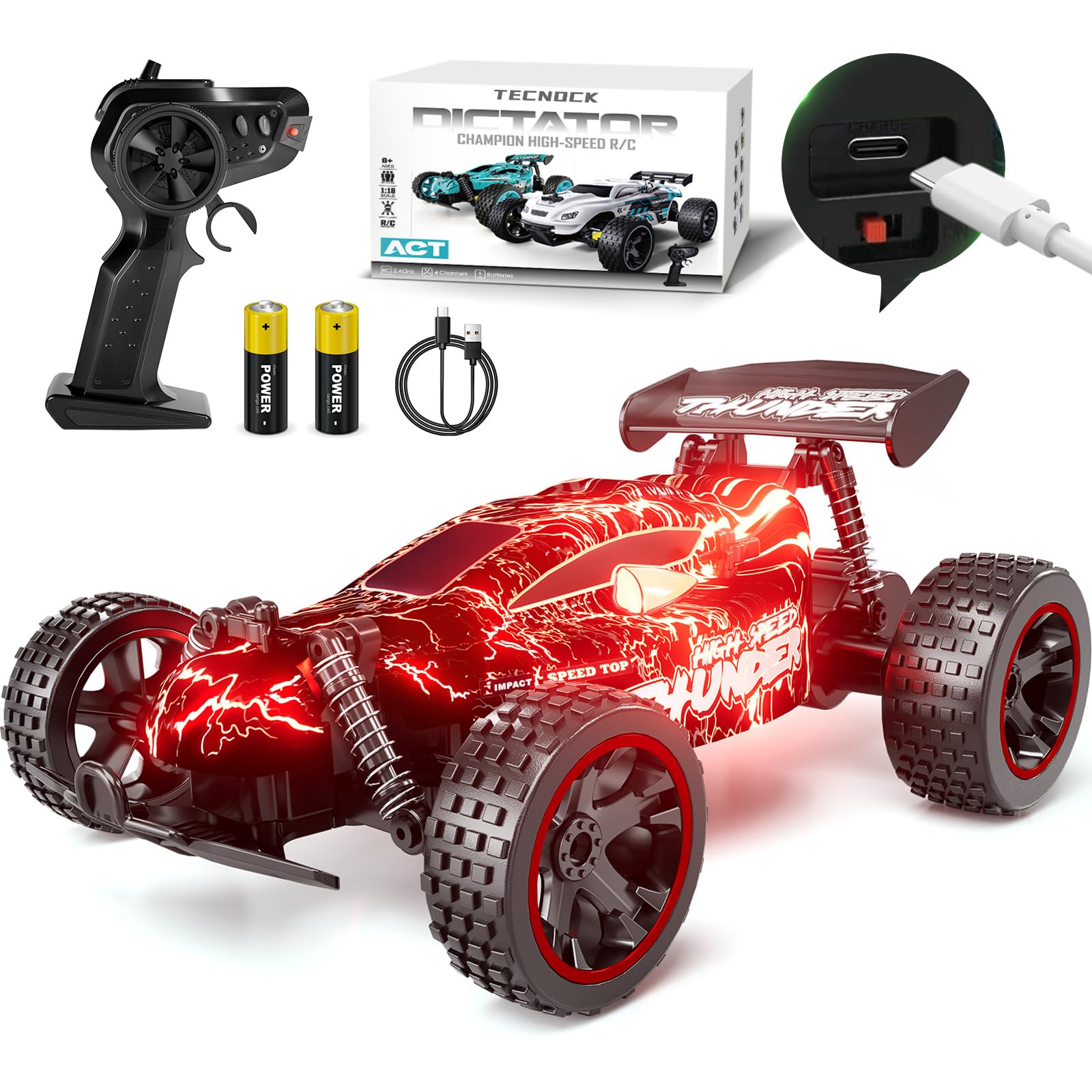 Tecnock RC Cars for Kids, 1:18 Scale 2WD RC Car with LED Lights, 2.4GHz Remote Control Car with USB-C Easy Charging & 50 Mins Playtime, Toys Gifts for Boys & Girls Ages 8-12