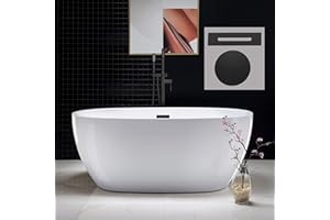 WOODBRIDGE 59"Freestanding White Acylic Soaking Bathtub with Matte Black Drain and Overflow,BTA1518 -MB-Drain &O