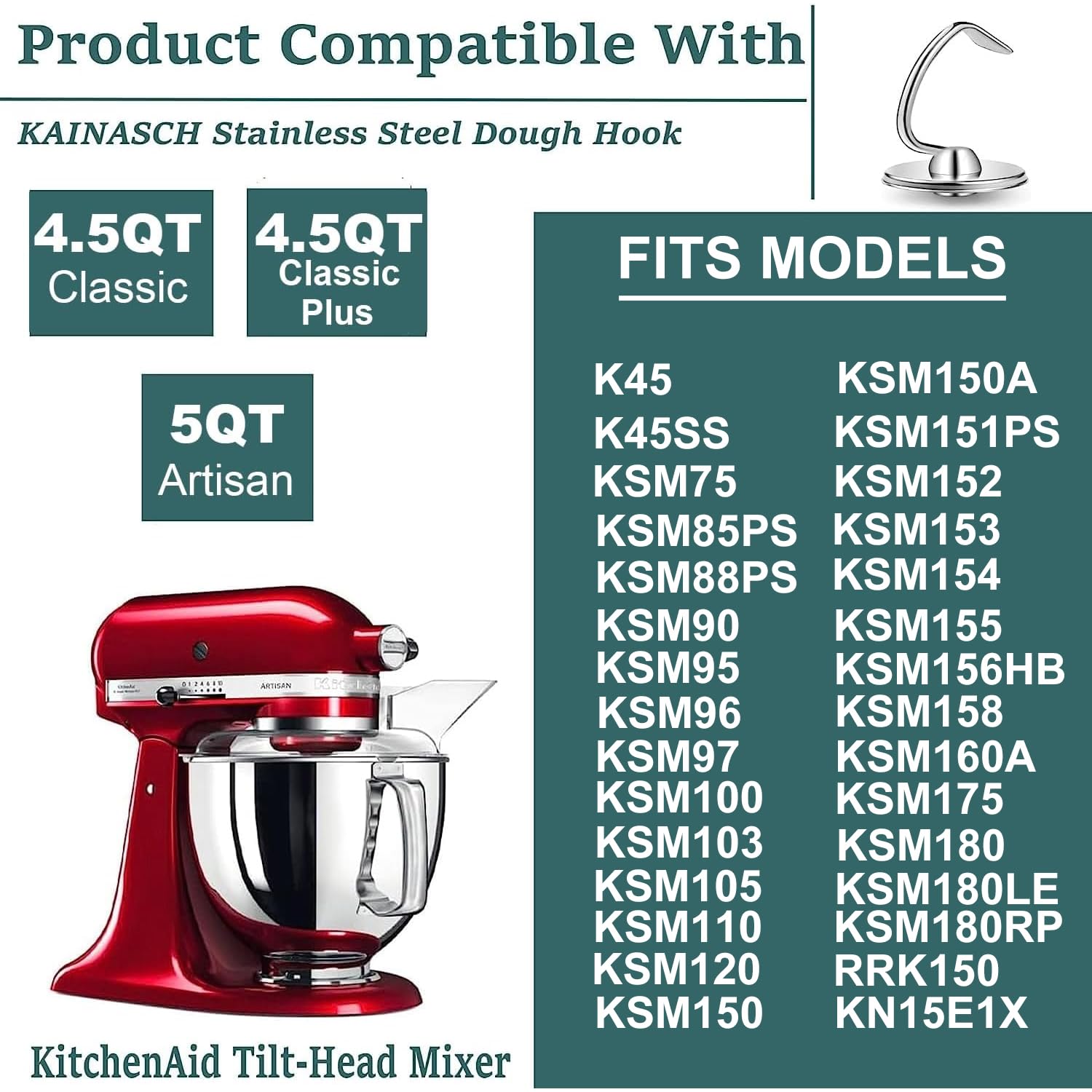 Stainless Steel Dough Hook K45DH Attachment for KitchenAid 4.5/5 Quart Tilt-Head Stand Mixer, Fit for Classic, Classic Plus and Artisan Serie K45SS, KSM75, KSM90, KSM95, KSM150, Dishwasher Safe