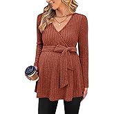 FMEYOA Womens Maternity Shirts Long Sleeve Pregnancy Tops Casual V Neck Ribbed Knit Pregnant Blouses