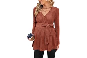 FMEYOA Womens Maternity Shirts Long Sleeve Pregnancy Tops Casual V Neck Ribbed Knit Pregnant Blouses