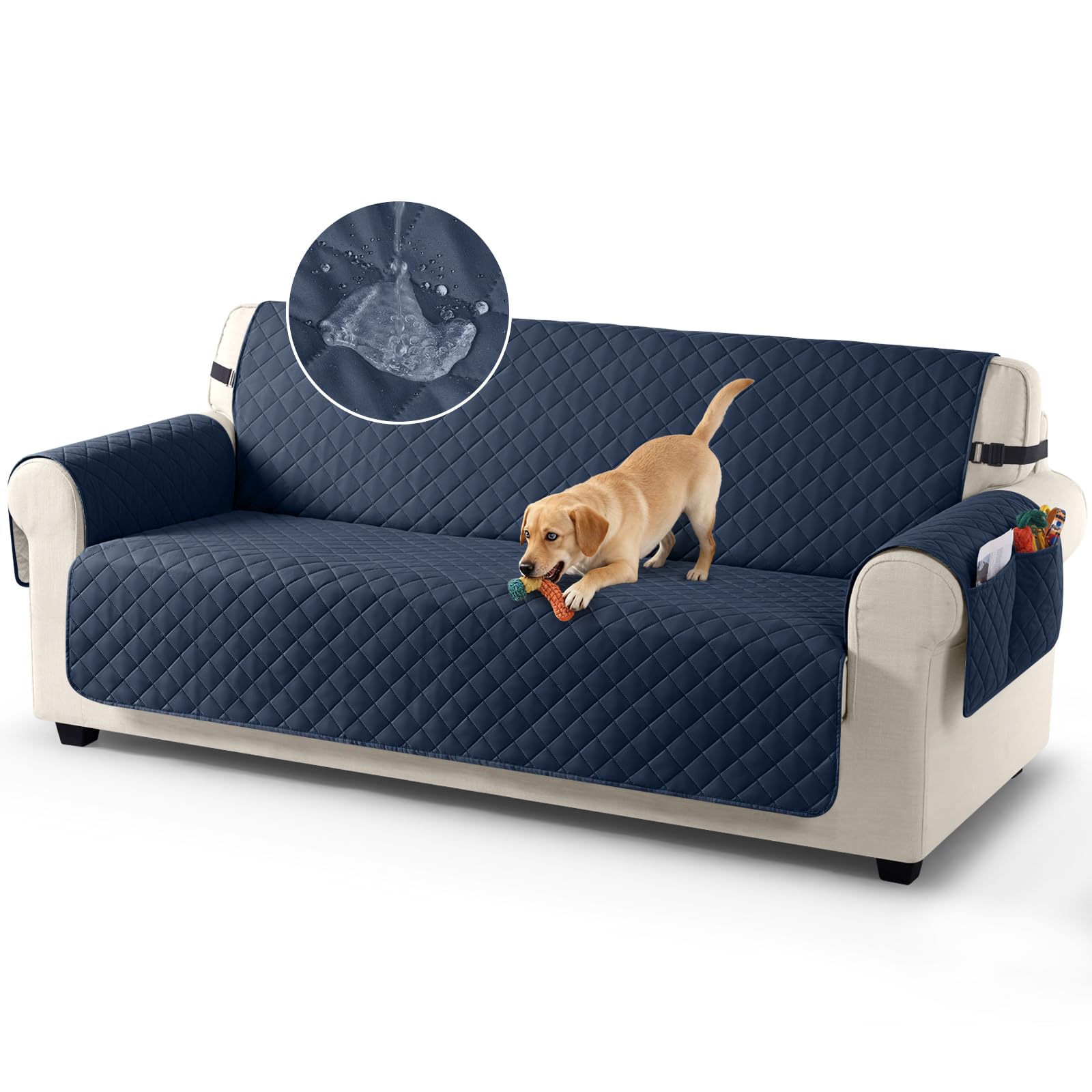 TAOCOCO Sofa Slipcovers 100% Waterproof Sofa Covers 3 Seater,Settee Covers with Storage Pockets,Anti Slip Couch Covers,Washable Sofa Protector for Kids/Dogs/Pets(Dark Blue)