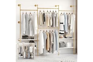 DABILONGC Industrial Pipe Clothes Rack,Wall Mounted Closet Wardrobe Rack, Corner L Shaped Walk-in Closet System, 2 Installation Methods (Gold, 80" H x 78" W)