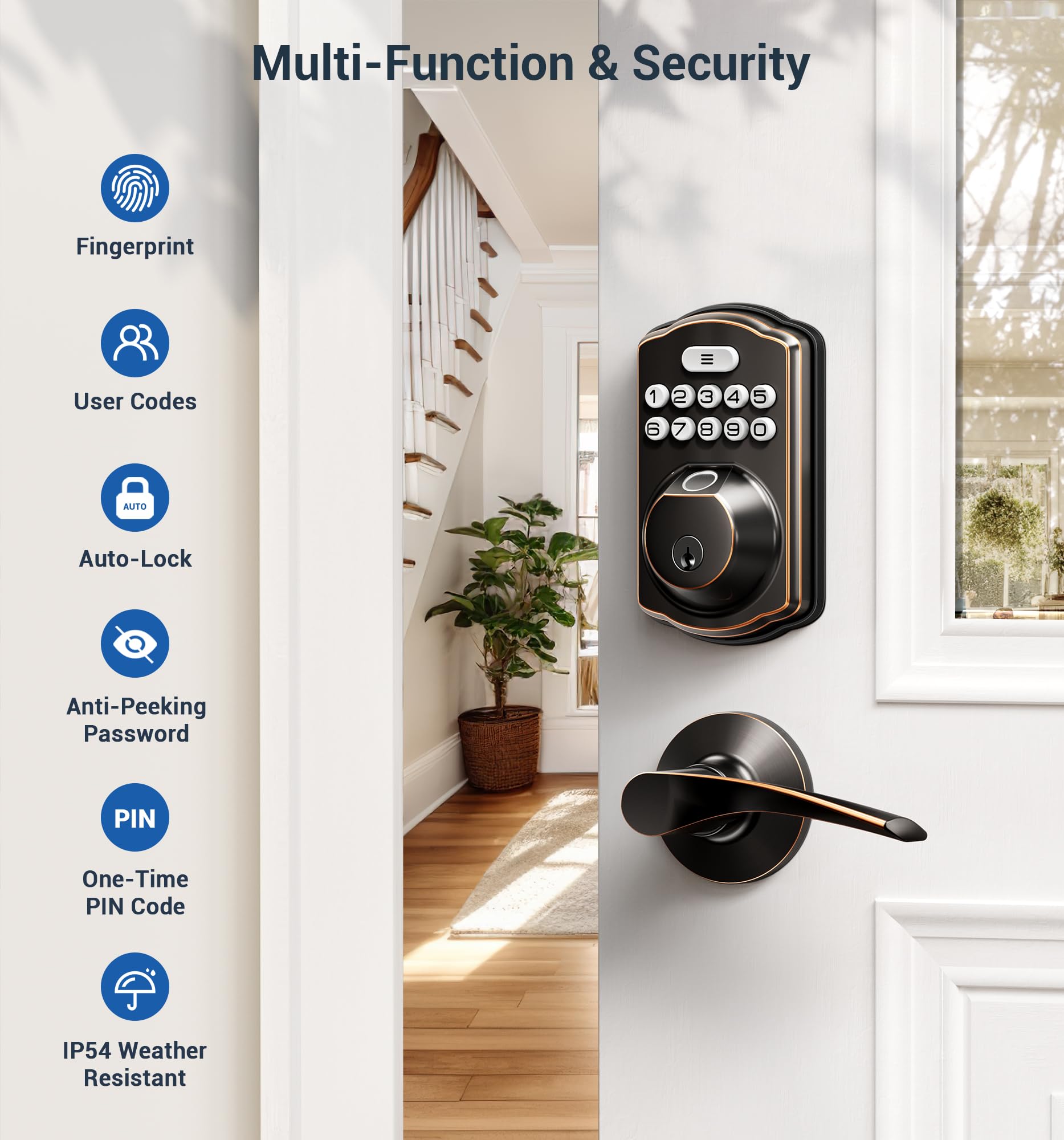 Veise Fingerprint Door Lock with 2 Lever Handles - Keyless Entry Door Lock, Electronic Keypad Deadbolt, Digital Smart Code & Front Handle Sets, Auto-Locking, Easy Installation, Oil Rubbed Bronze