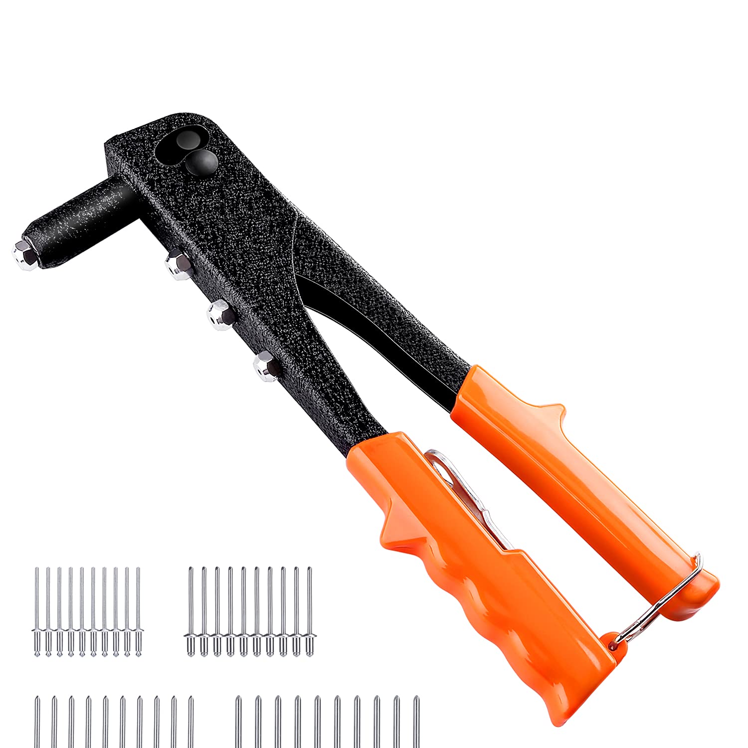 LSRL Hand Rivet Gun, with 40Pcs Metal Rivets, Labor-Saving Design, 4 Replaceable Nozzles, Professional Rivet Setter Kit for Automotive, Railway, Furniture, Instrument