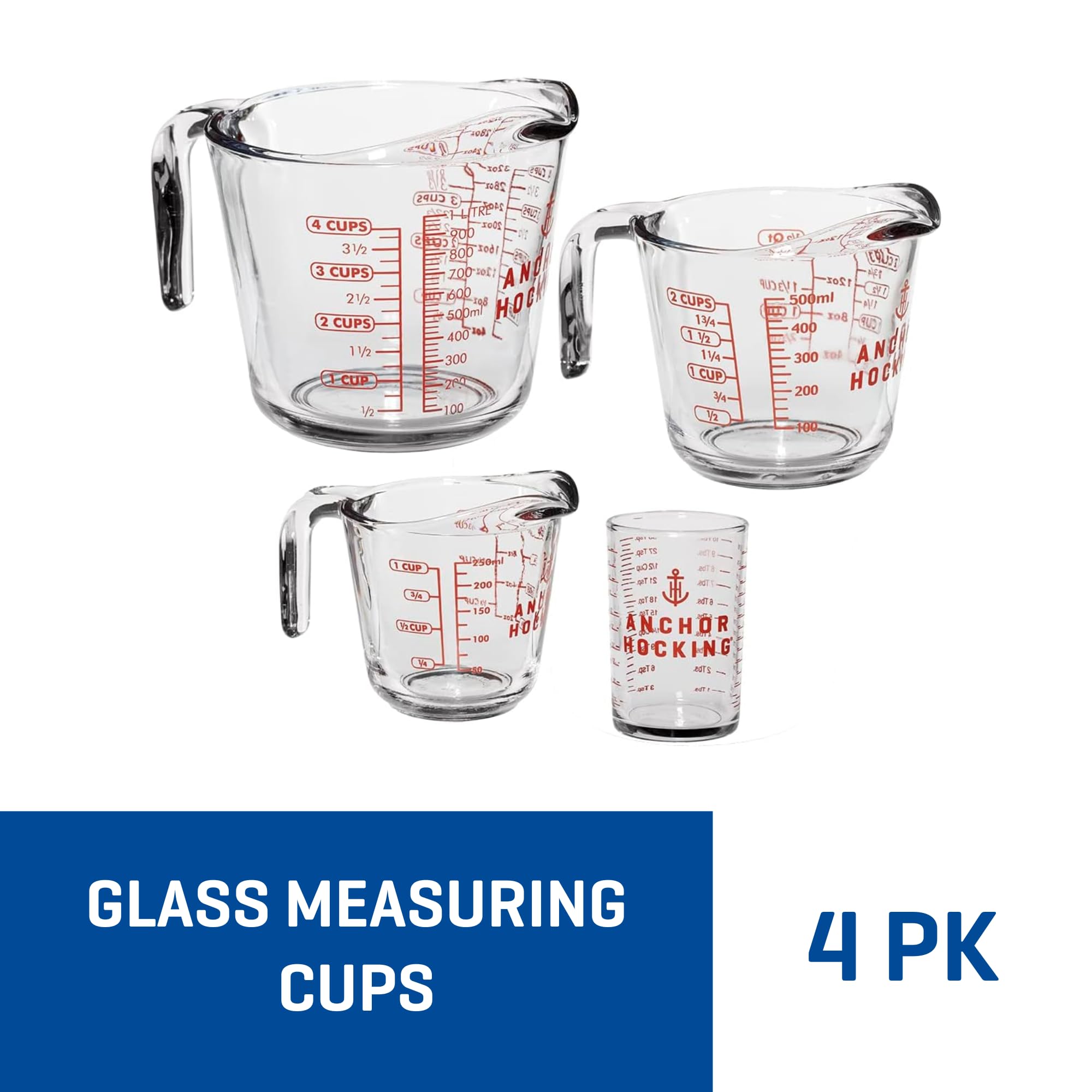 Anchor Hocking Glass Measuring Cups, 4 Piece Set (5 Ounce, 1 Cup, 2 Cup, 4 Cup liquid measuring cups)
