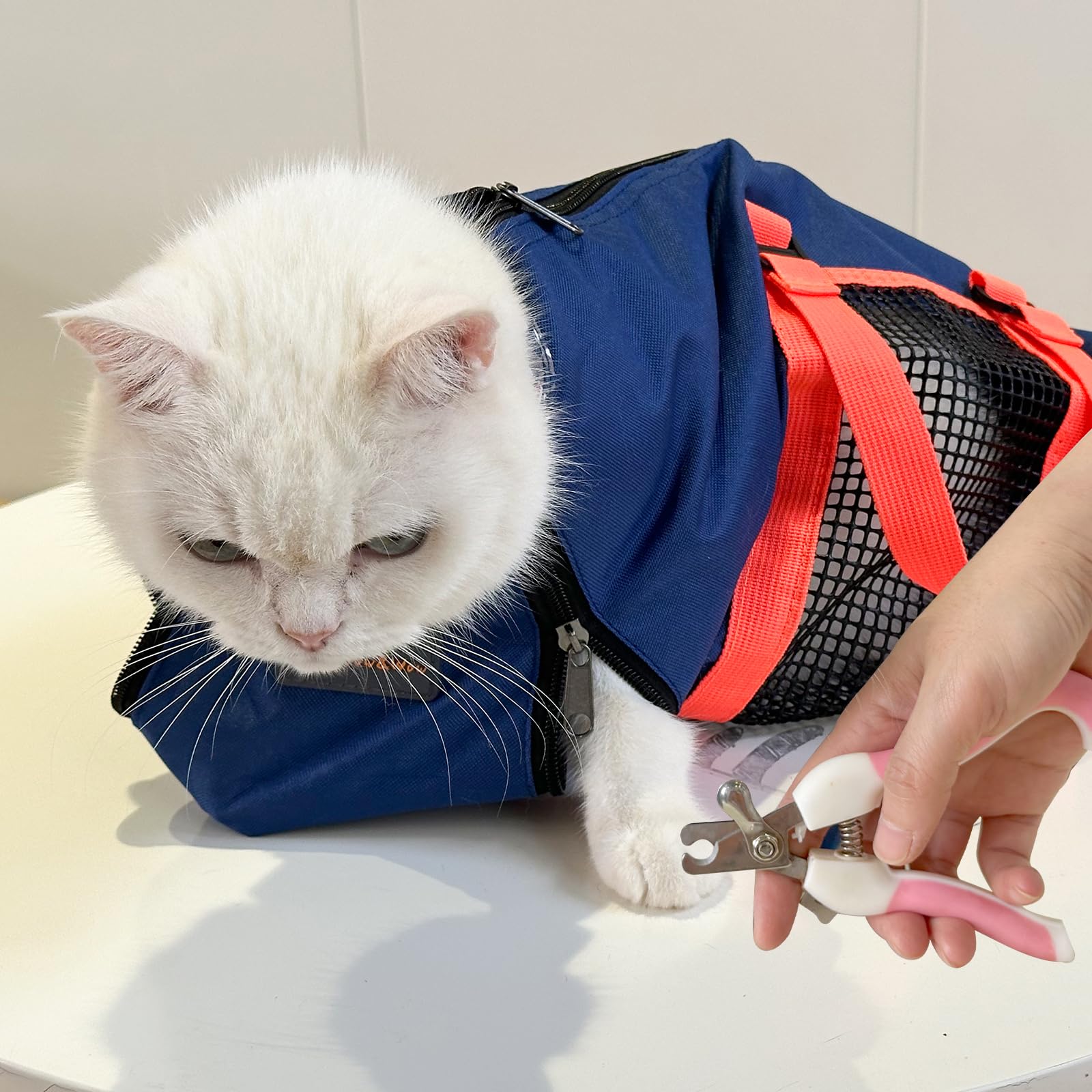 Photo 1 of Cinf Cat Nail Clipping Cleaning Grooming Restraint Bag (Free Muzzle) Set No Scratching Biting for Bathing Nail Trimming Injecting Examining(Navy Blue,L)
