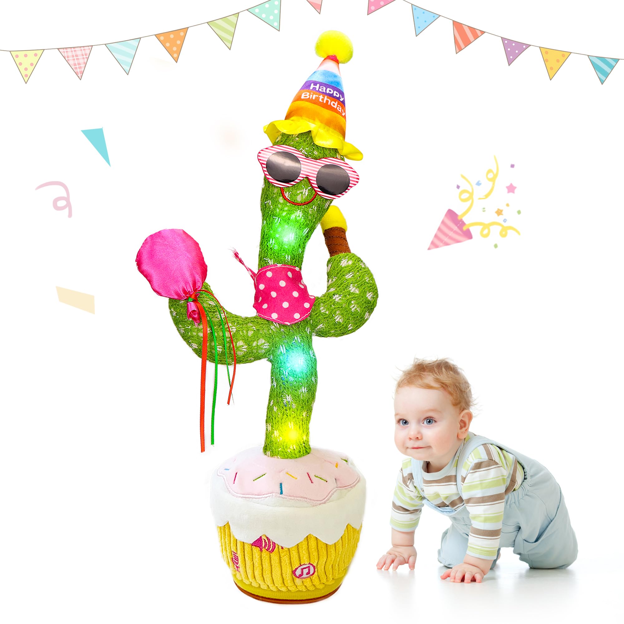 Edencomer Dancing Talking Cactus Toy, Singing & Repeating What You Say, Volume Control - Interactive Voice Recording Plush Toy for Kids, Cactus Toy Easter Gifts for Boys Girls Adults (Birthday Style) — image 1