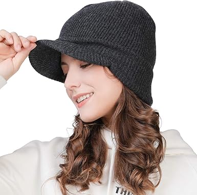Amazon Com Jeff Aimy Wool Visor Beanies For Women Cuffed Knitted Radar Cap Cold Weather Winter Hat Chunky Stretchy Camping Hiking 55 59cm Grey Clothing