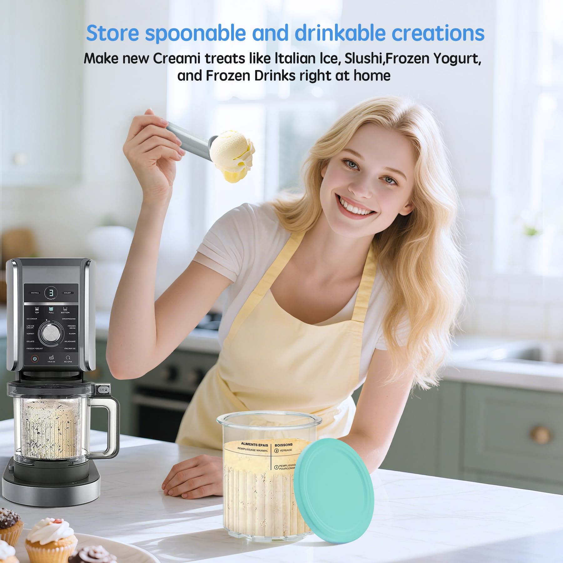 4 Pack Creami Deluxe Pints & Lids for Ninja, 24 Oz Compatible with NC500 NC501 Series Ice Cream Makers, with 5 Spoons & 64 Writable Labels, BPA-Free & Dishwasher Safe, 4 Color Lids