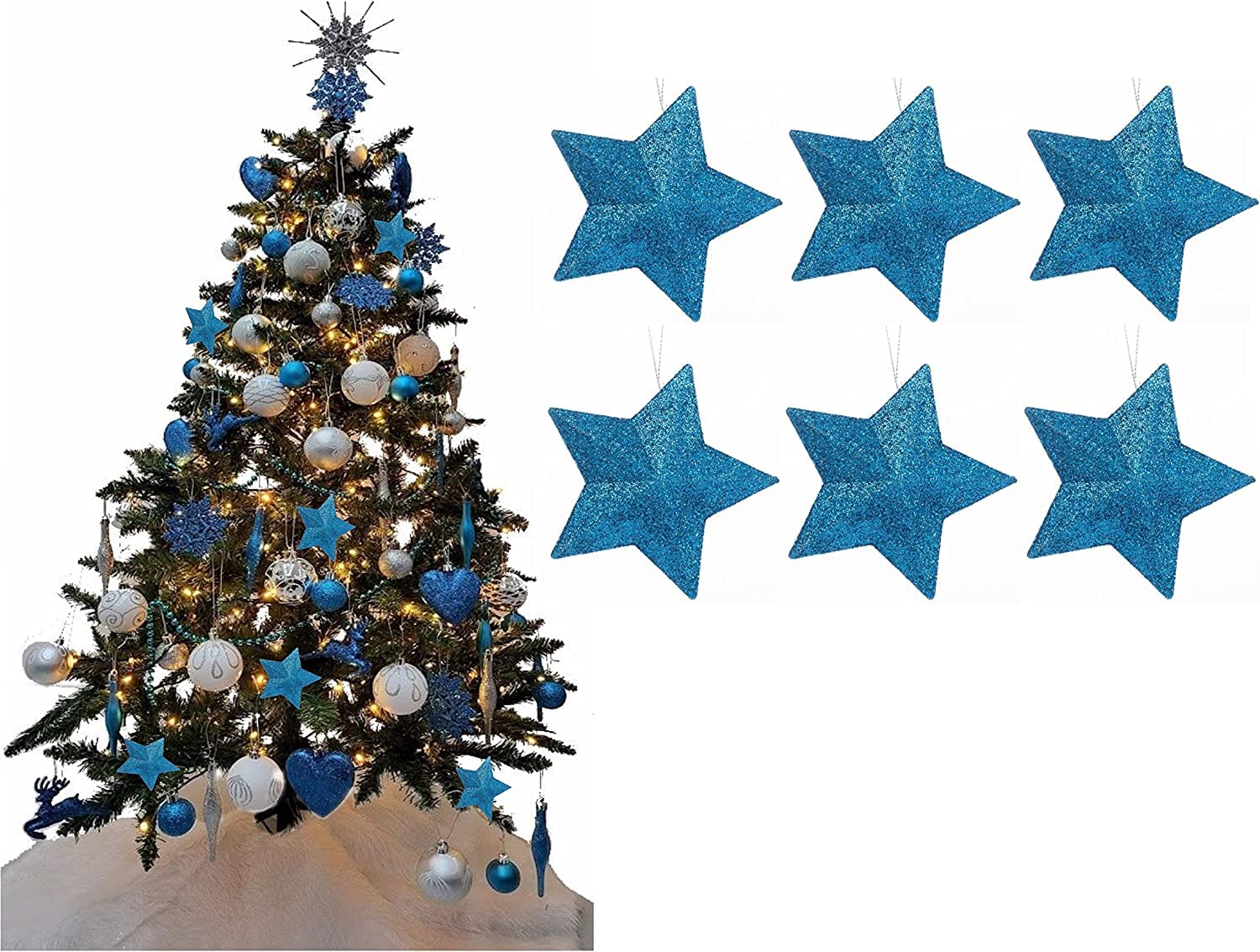 UKDeals Direct® TURQUOISE COLLECTION CHRISTMAS DROPLET BAUBLES TREE DECORATIONS GLITTER MATT ICICLES… (Pack of 6 3D Star)