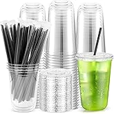 Etersky 100 Pack 16 oz Clear Plastic Cups with Flat Lids and Straws, Disposable Iced Coffee To Go Cups, Plastic Smoothie Cold Drink Cup for Party, Picnic, Travel