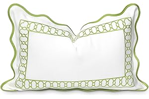 Hofdeco Premium Coastal Patio Indoor Outdoor Scalloped Lumbar Pillow Cover Only, 12"x20" Water Repellent for Backyard, Couch, Green Embroidered Begonia Pattern Chain Frame