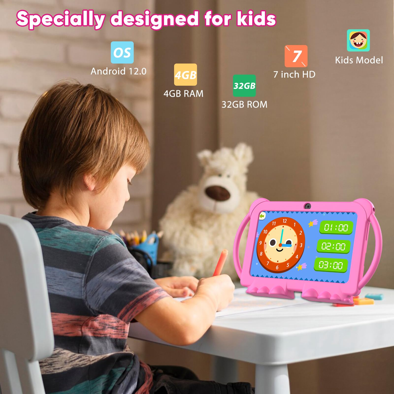 HOTTABLET Kids Tablet 7 inch Android 12, 4GB RAM 32GB ROM, 512GB Expandsion, with Parental Control, WiFi, Bluetooth, Dual Camera with Silicone Case, 1PCS(Pink)