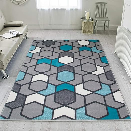 Contemporary Geometric Teal Blue Grey Rug Affordable Living Room Area