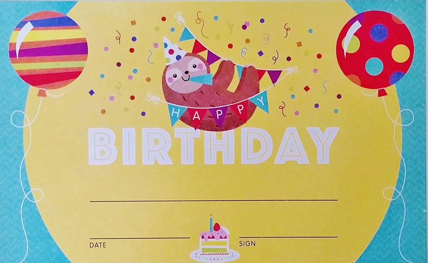 Pack Set of Happy Birthday Certificates with Party Sloth - Personalize Classroom Recognition for Kids Children School Teacher Homeschool Daycare Chart Decoration