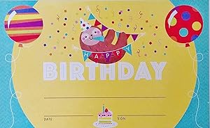 Pack Set of Happy Birthday Certificates with Party Sloth - Personalize Classroom Recognition for Kids Children School Teacher Homeschool Daycare Chart Decoration