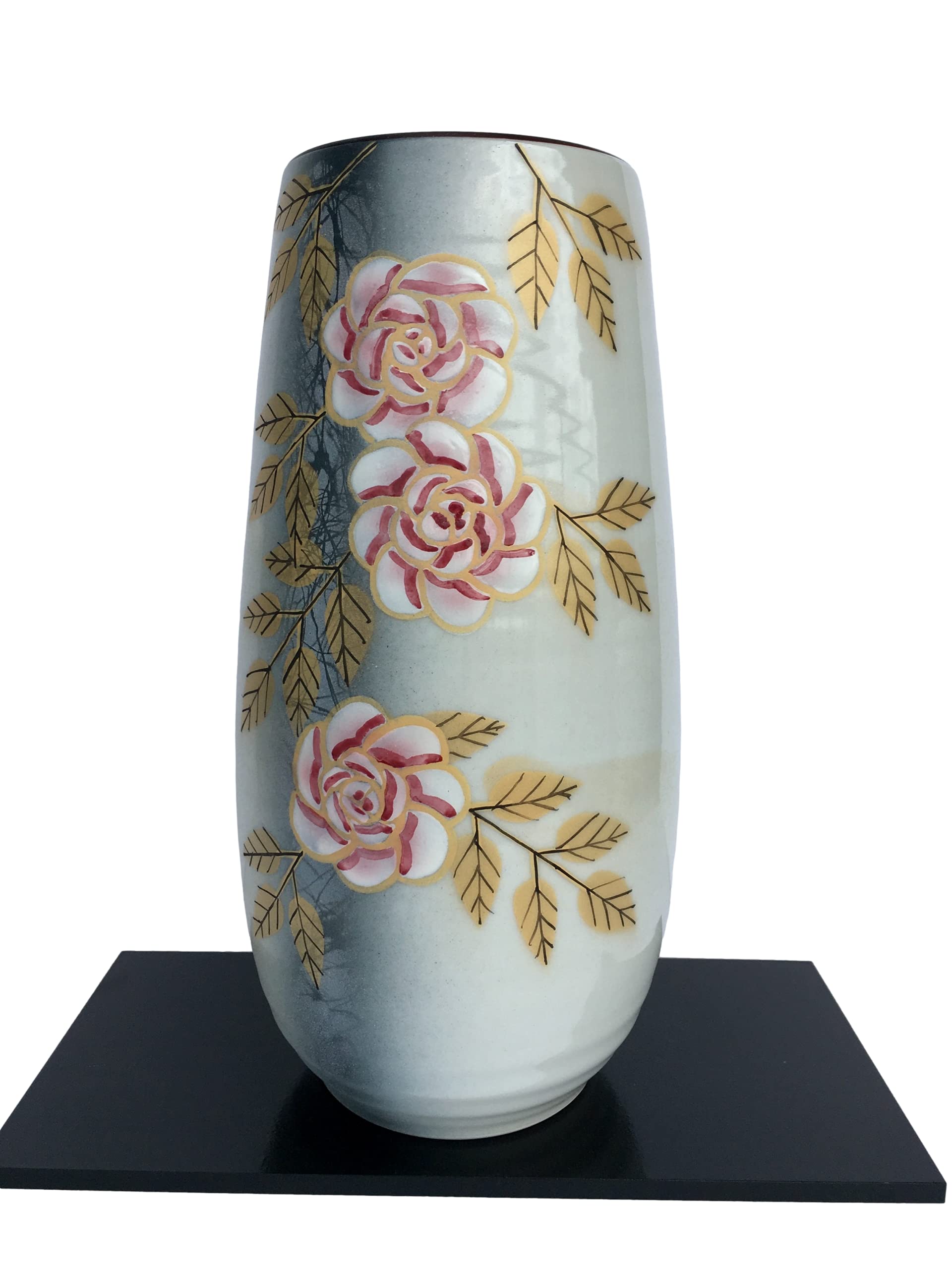 Japanese Traditional Ceramic Kutani Ware Vase Rose Flower Pattern Japanese Ikebana Peony with Wood F
