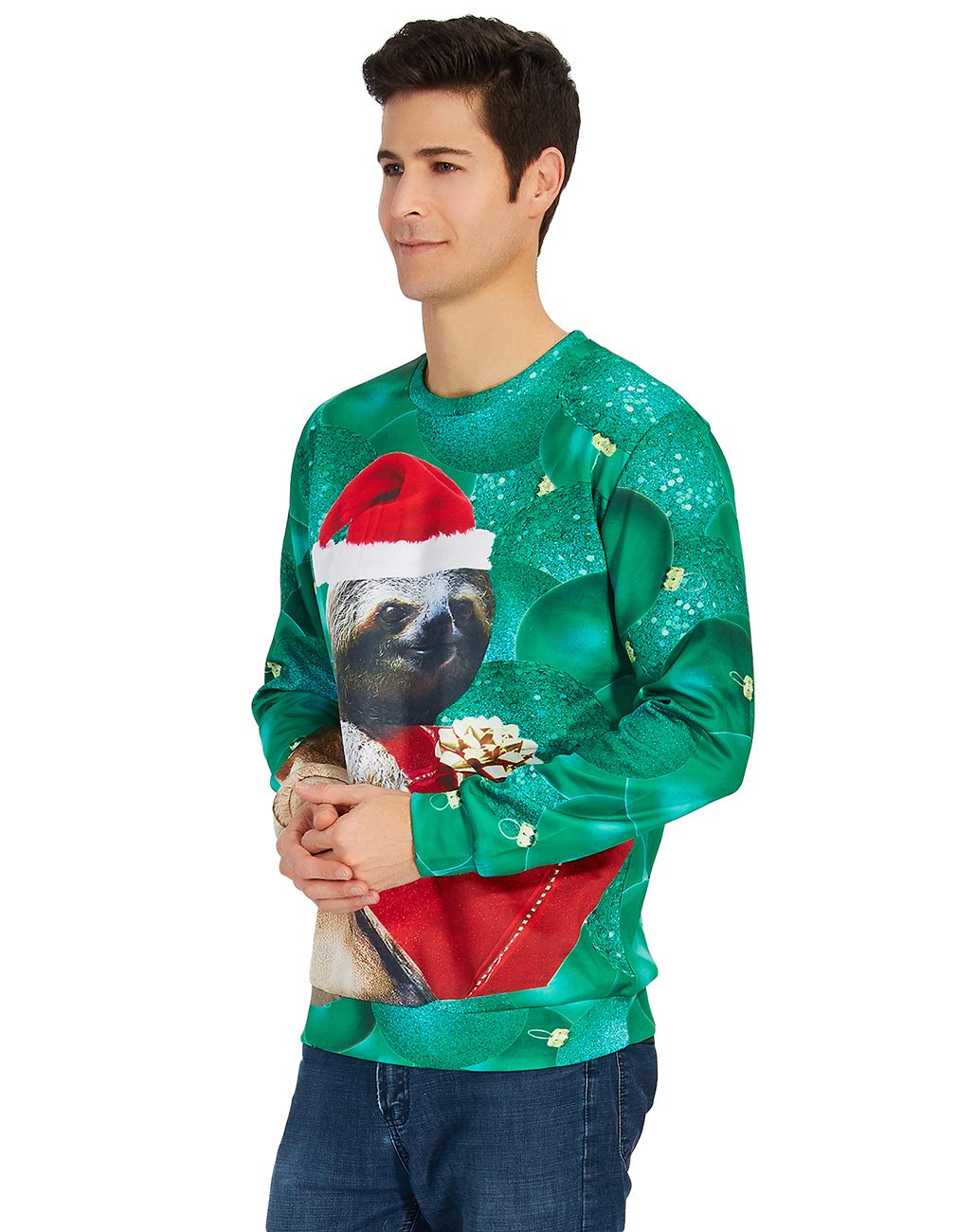 RAISEVERN Unisex Ugly Christmas Sloth Print Xmas Pullover Sweater Sweatshirt for Teen Boys Girls L Funny Sloth