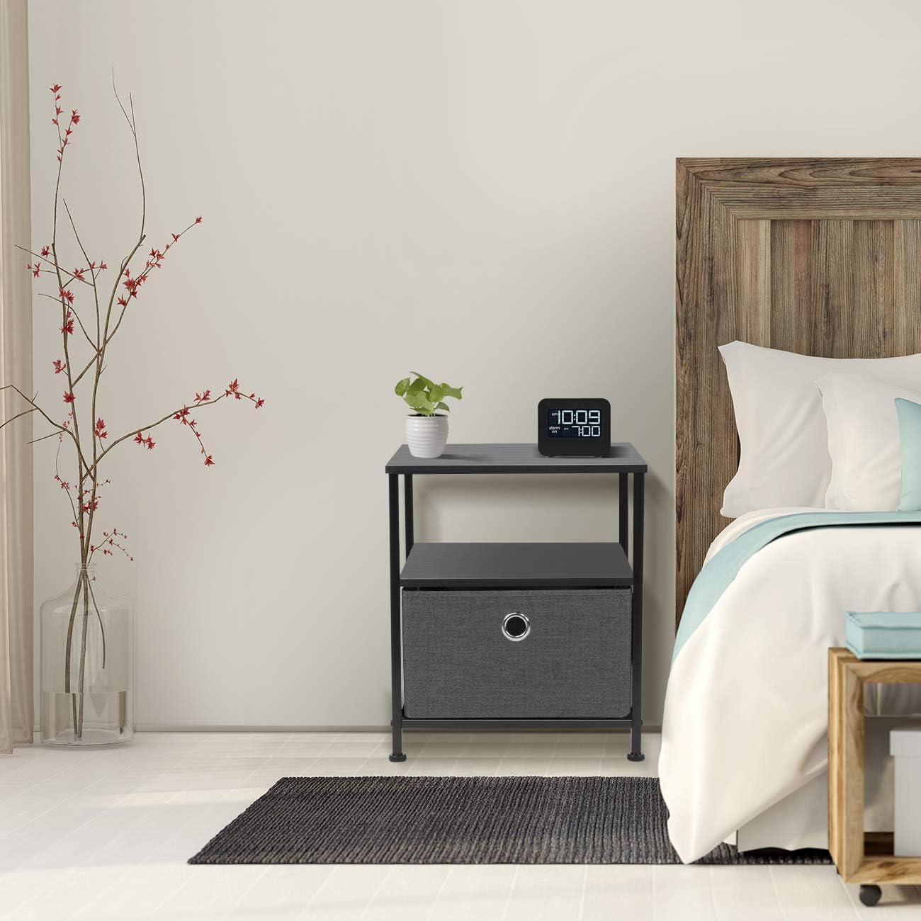 Sorbus Nightstand 1-Drawer Shelf Storage- Bedside Furniture & Accent End Table Chest for Home, Bedroom, Office, College Dorm, Steel Frame, Wood Top, Easy Pull Fabric Bins (Black/Charcoal): Kitchen & Dining