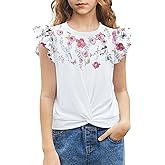 Arshiner Girls Shirt - Short-Sleeve Twist Front T-Shirt for Girls with Cute Flying Sleeves - Summer Blouse Tunic Tee Tops