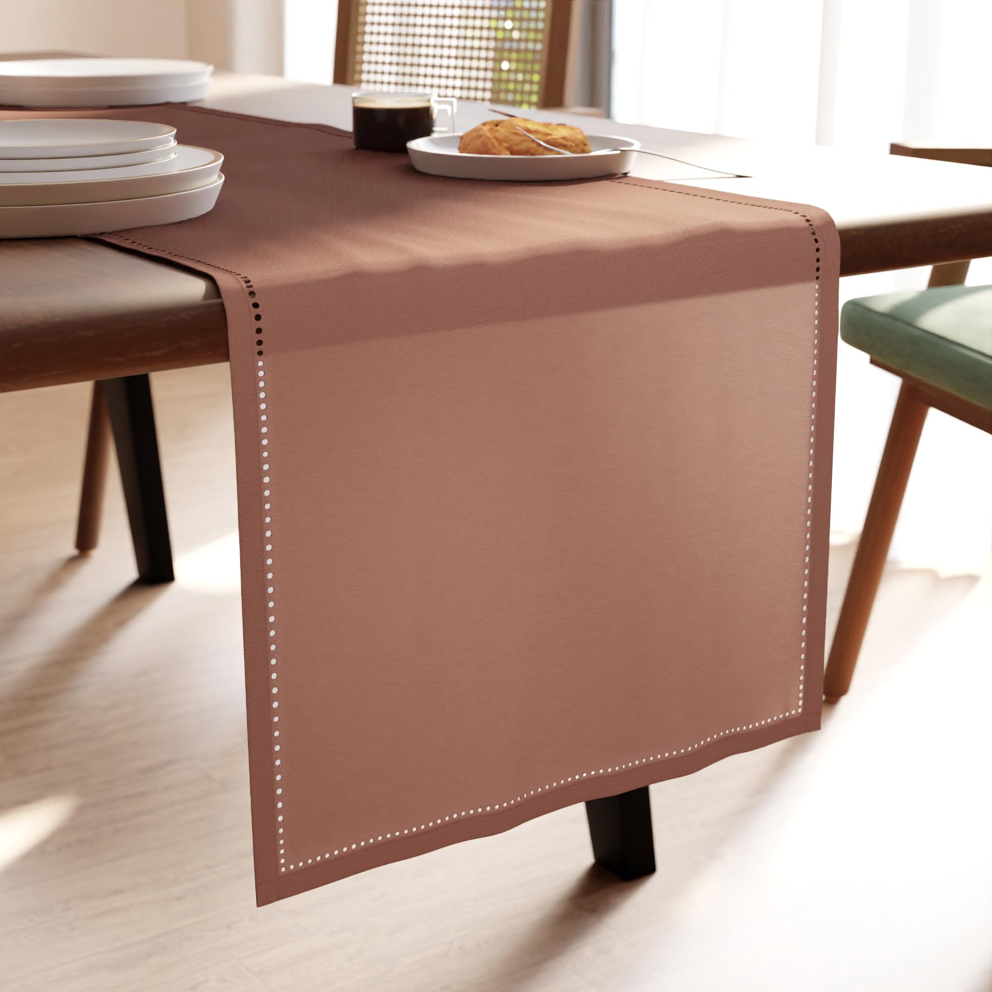 Encasa XO Dining Table Runner 13x59 in | Pure Cotton Hemstitched Design | Tan - Machine Washable