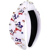 4th of July Headbands for Women American Flag Headband Patriotic Red Blue White Star Knotted Headband Embellished Rhinestone Wide Top Knot Headbands 4th of July Hair Accessories Outfits Gifts (White)
