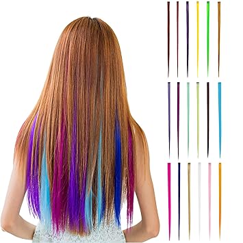 Wafly Bunte Haarteile 18 pcs, Haarverlängerungen mit Clips Regenbogen Perücke Party Highlight Clip Synthetisch Haarteil für K