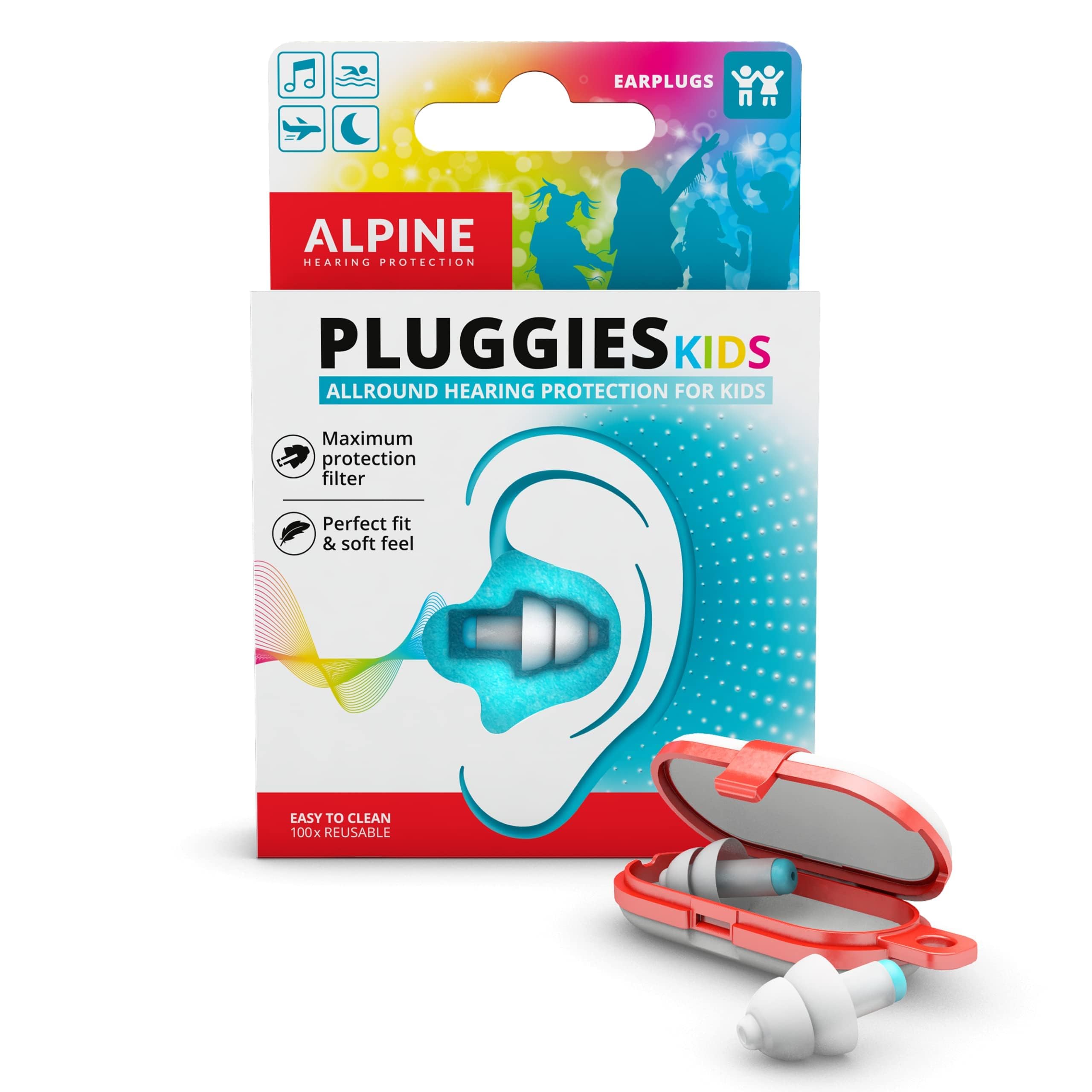 Alpine Pluggies Kids Ear Plugs for Small Ear Canals – Noise Cancelling Earplugs for Kids Age 5-12 Multifunctional Hearing Protection for Flying and Swimming - Hypoallergenic Reusable Filter Earplugs