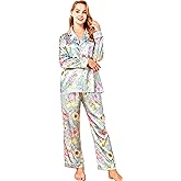 LougGen Silk Satin Pajamas Set for Women Button Down 2 Piece Pjs Long Sleeve Oversized Sleepwear with Pockets