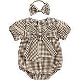 Vicaankue Newborn Baby Girl Summer Clothes Gingham Short Sleeve Bubble Romper Bow Plaid Bodysuit Jumpsuit with Headband