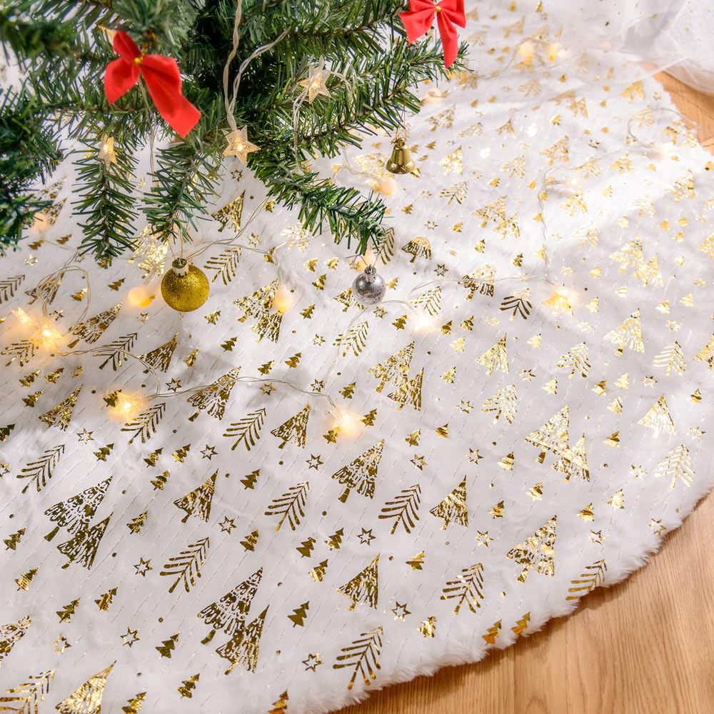 Lanpn 90cm Christmas Tree Skirt, Large Plush Patchwork Gold Faux Fur Xmas Tree Skirts 36 inch Tree Mat Base Cover for Winter Christmas Holiday Indoor Decorations (Gold, Christmas tree)