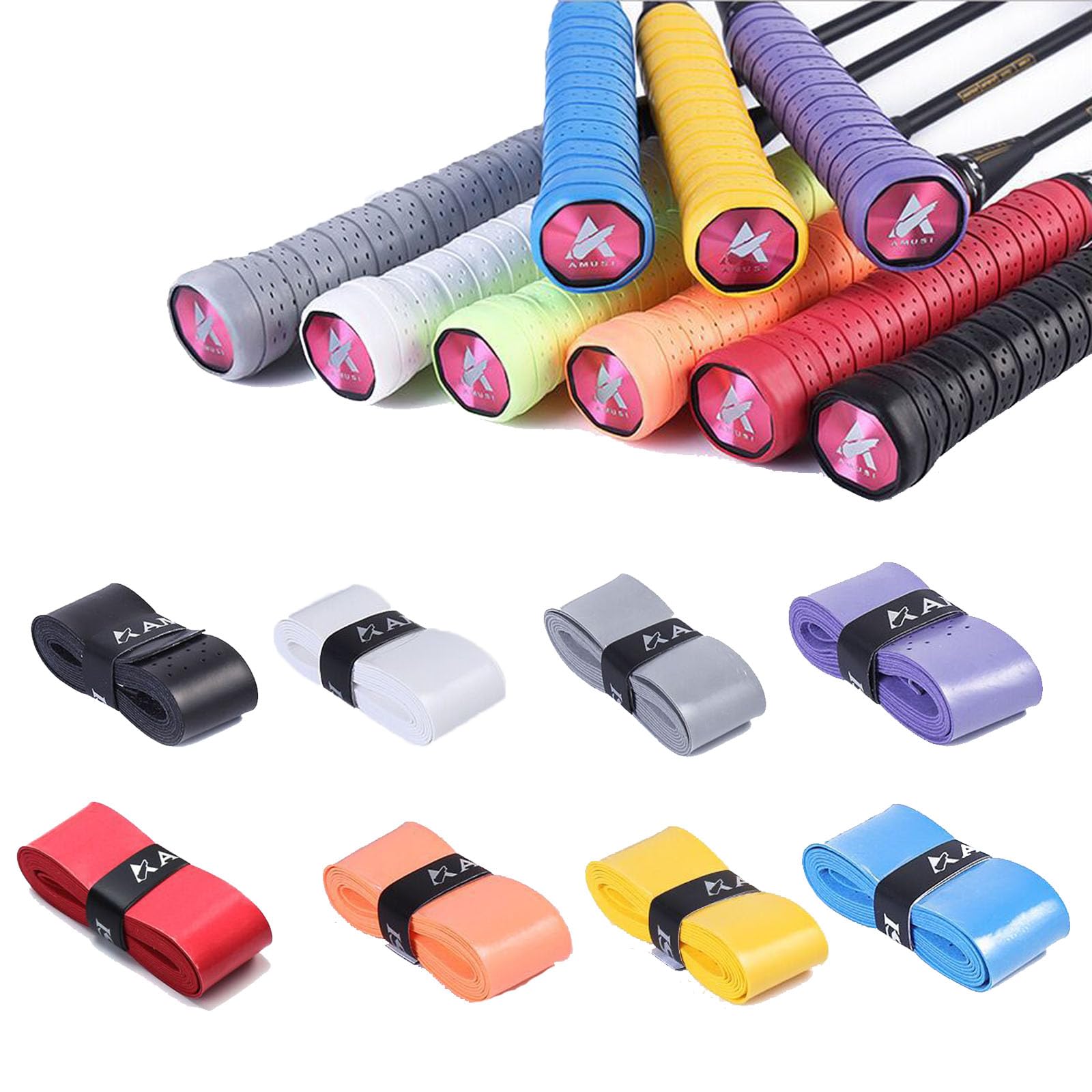 8 Pcs Badminton Racket Grip, Tennis Racket Grip Tape Badminton Racket Grip Tape, Breathable Perforated Grips, Replacement Grip Tape Squash Grips for Tennis Racket,Badminton (8 clolors, 2.5 x 110cm)