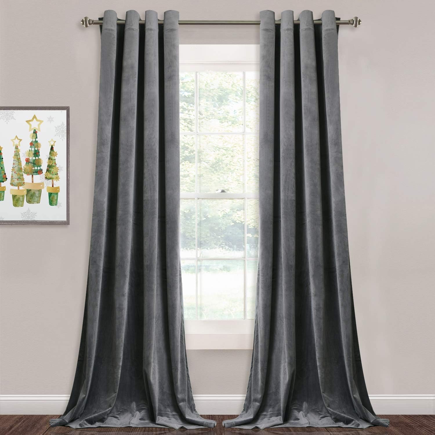 NICETOWN Grey Velvet Curtains for Living Room Grommet Top Blackout