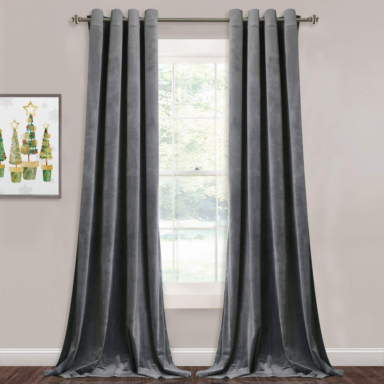 StangH Grey Velvet Curtains for Living Room - 96 inches Long Light Blocking Velvet Curtain Panels Privacy Grommet Window Drapes for Bedroom/Sliding Glass Door, W52 by L96 inches, 2 Panels