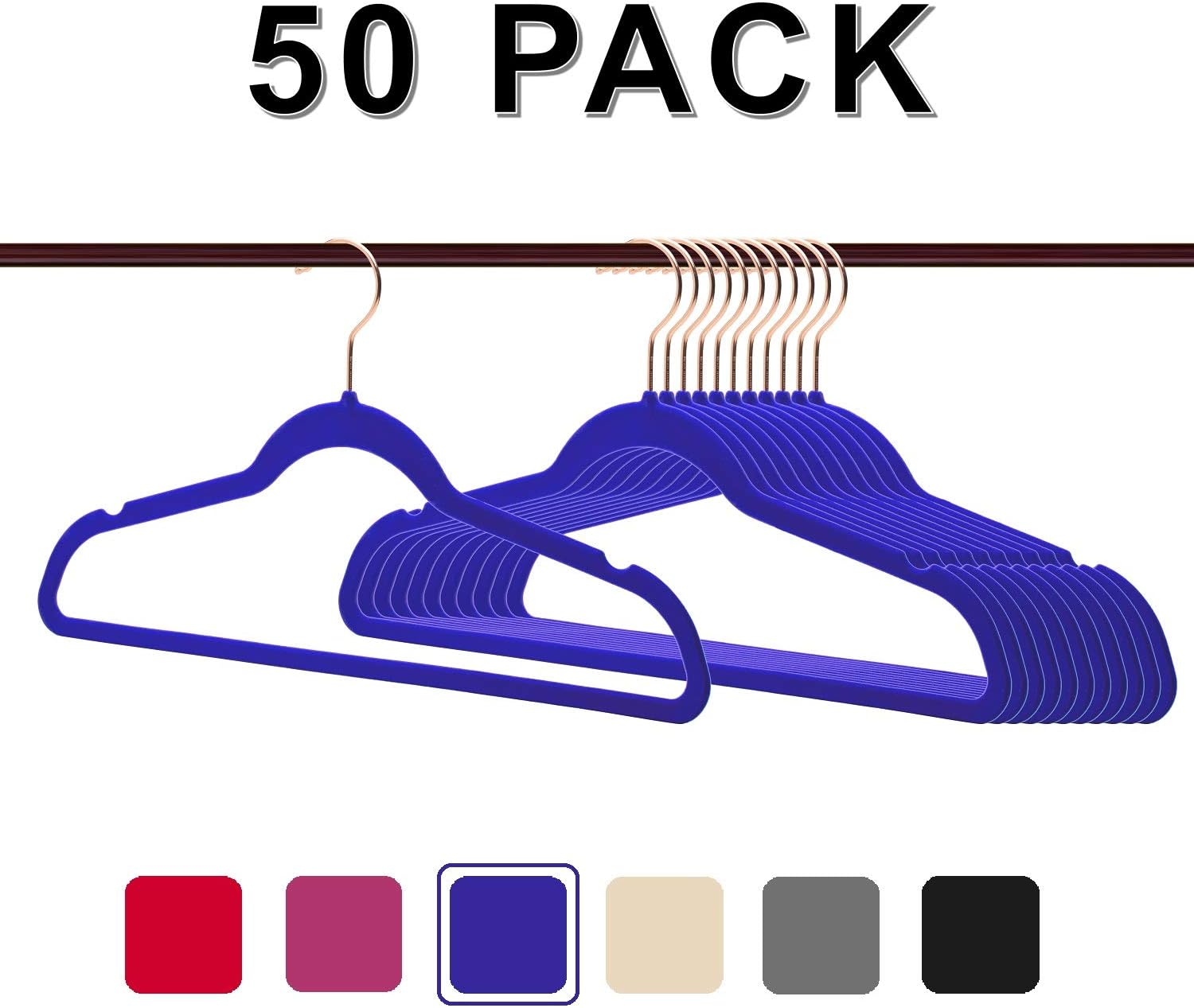 Non-Slip Velvet Clothes Hangers Premium Heavy Duty Space Saving with 360 Swivel &Rose Gold Hanger Hook for for Dress, Coats, Jackets, Pants, Shirts, Skirts (Pack of 50)